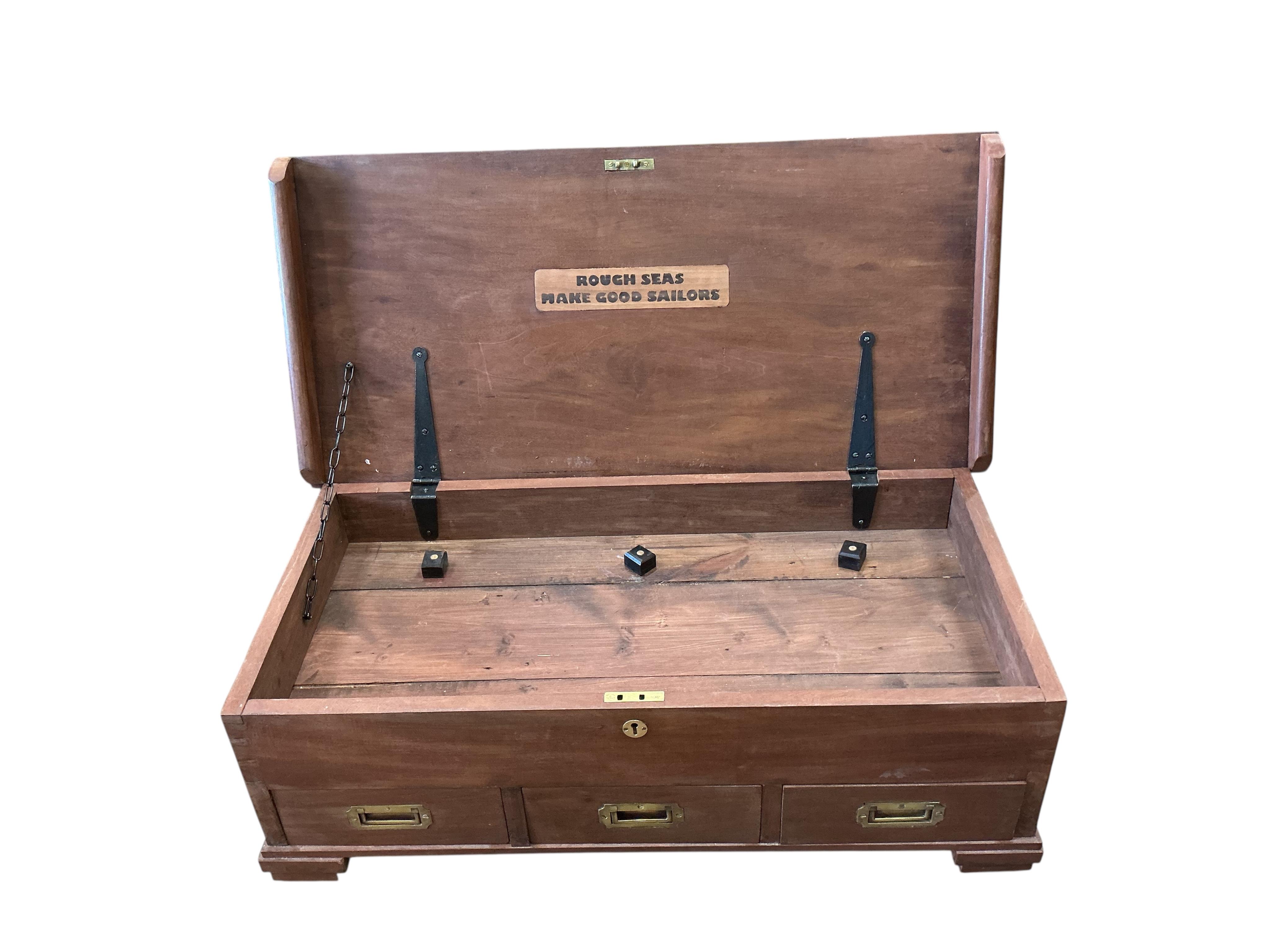A modern inlaid mahogany three drawer trunk, width 90cm, depth 44cm, height 30cm